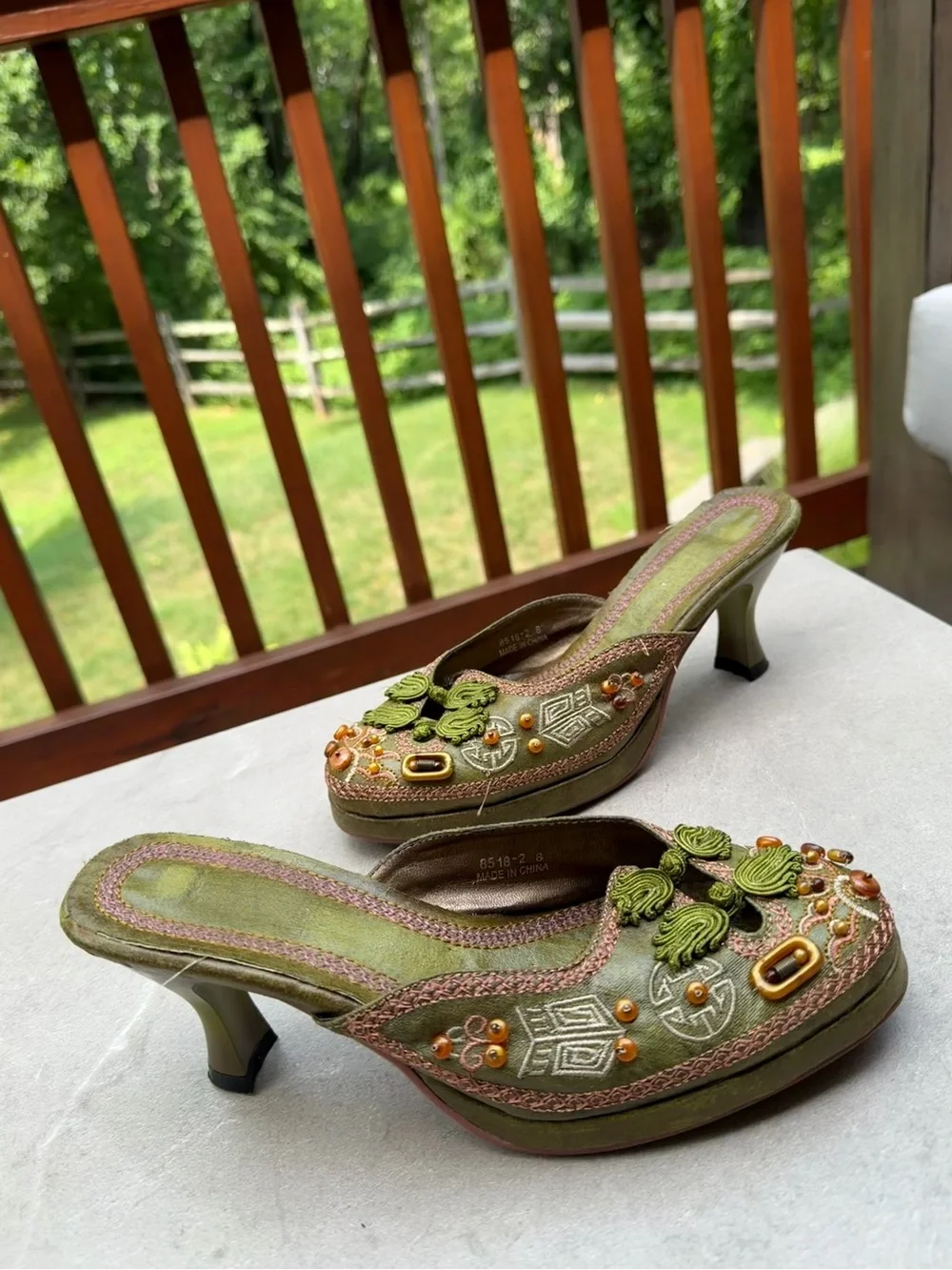 Vintage 90s Y2K Whimsigoth Beaded Embroidered Kitten Heel Mules